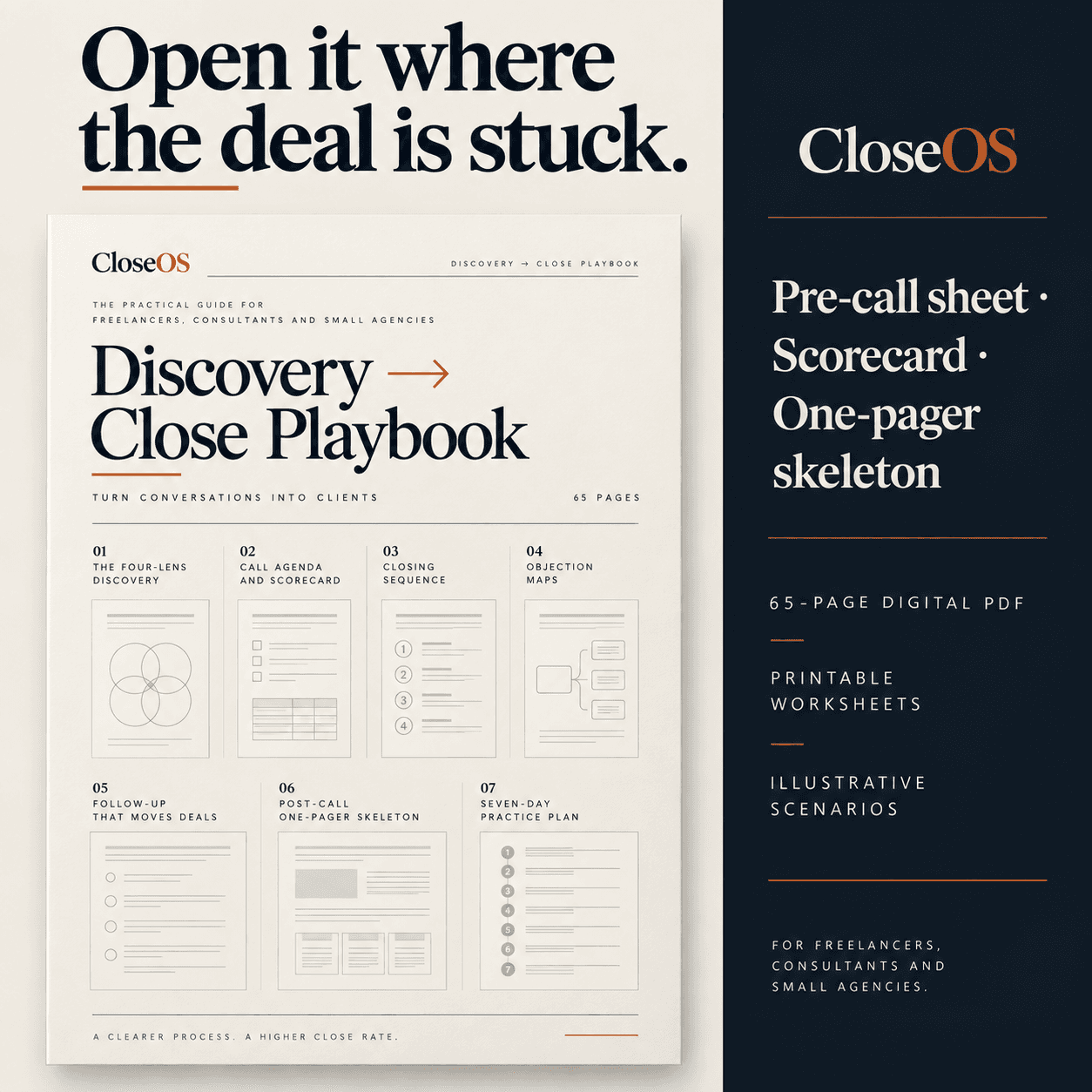 Marketing graphic "Open it where the deal is stuck" showing the playbook contents overview.