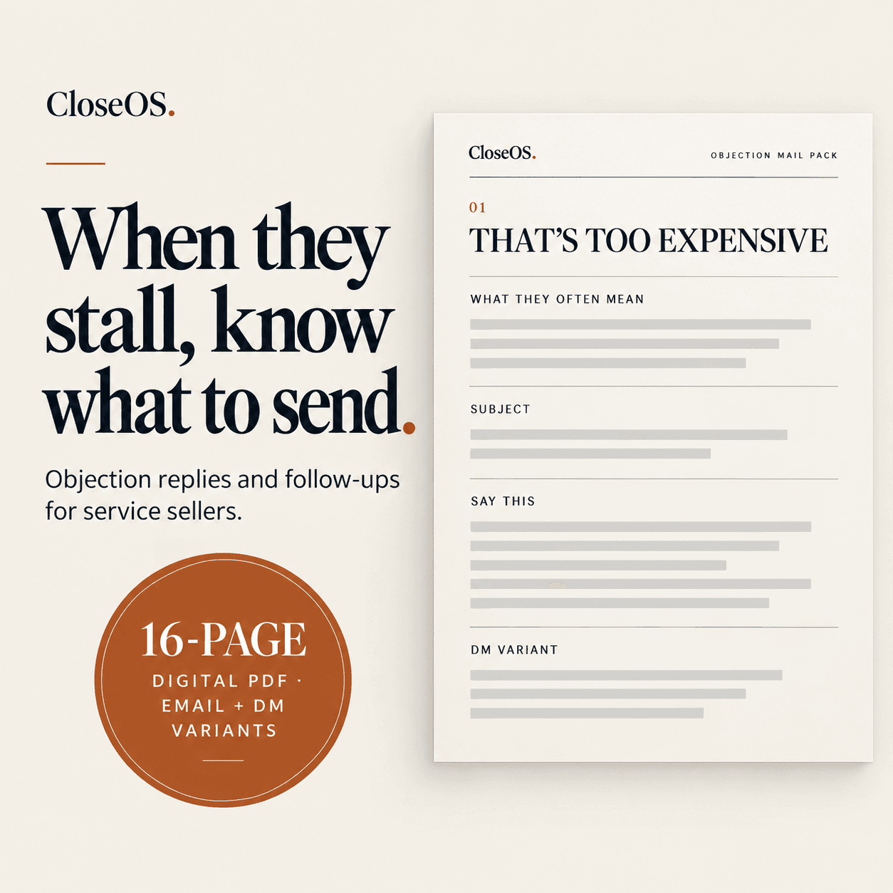 Objection Mail Pack cover graphic: "When they stall, know what to send", 16-page digital PDF with email and DM variants.